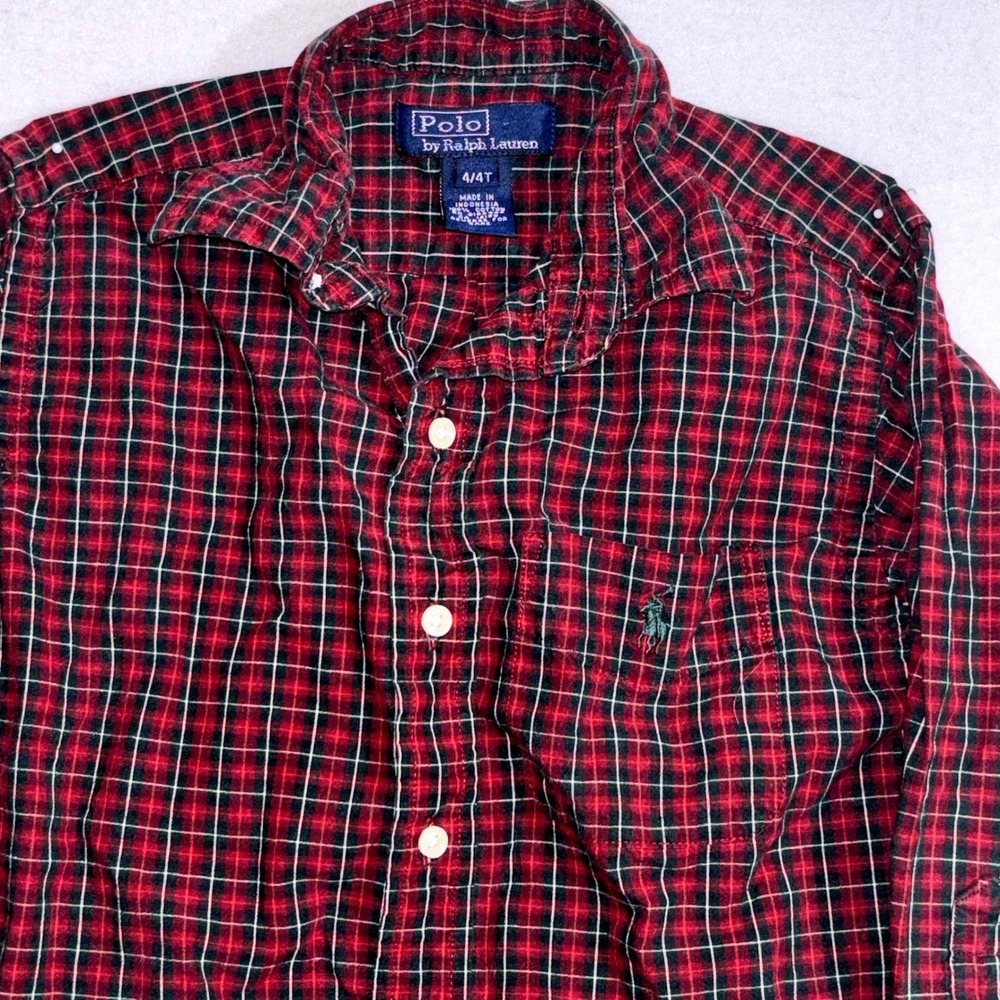 Polo Ralph Lauren Kids Red‎ Green Plaid Button Down Shirt Size 4 4T Cotton